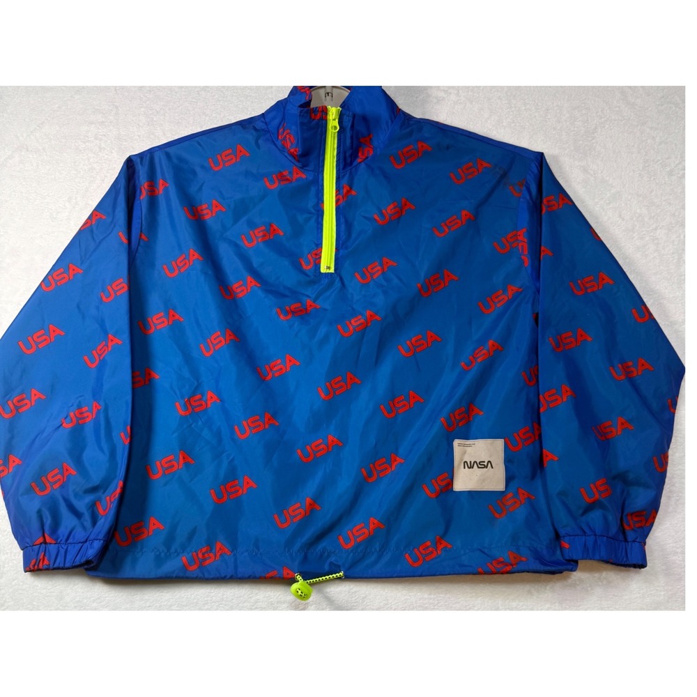 Forever 21 NASA USA All Over Print Windbreaker Jacket women's Small Blue 1/4 Zip